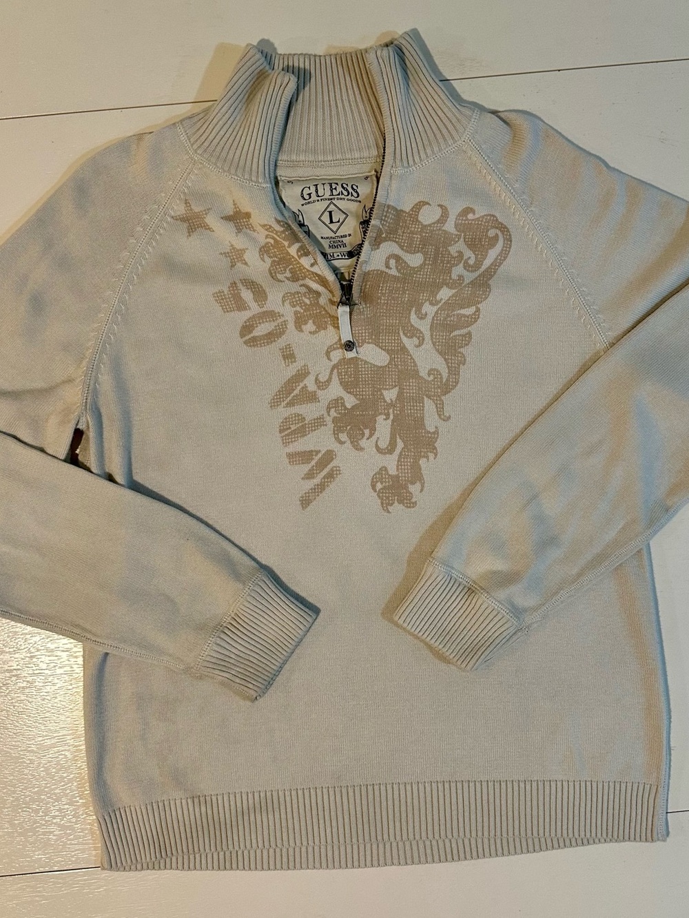 Guess Lion Crest Quarter-zip Sweater beige and tan, men’s size L